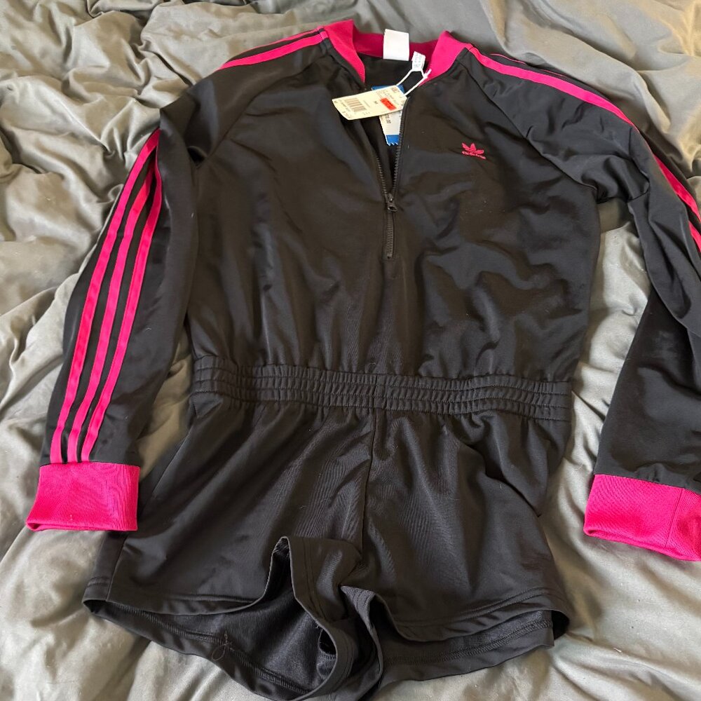 NWT Adidas Romper, women's small, black and raspberry pink stripes